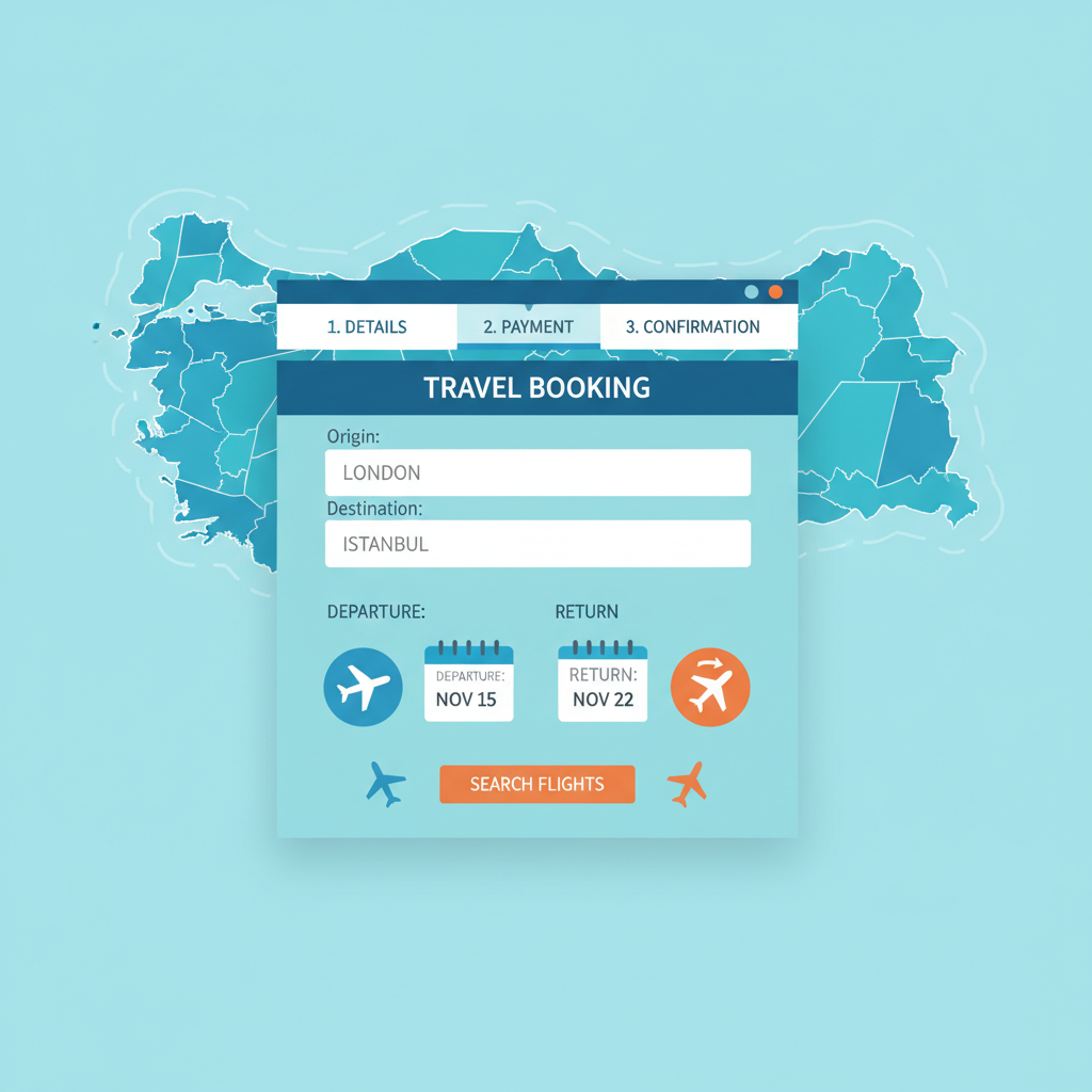 form filling travel details on website, calendar, flight icons, Turkey map background