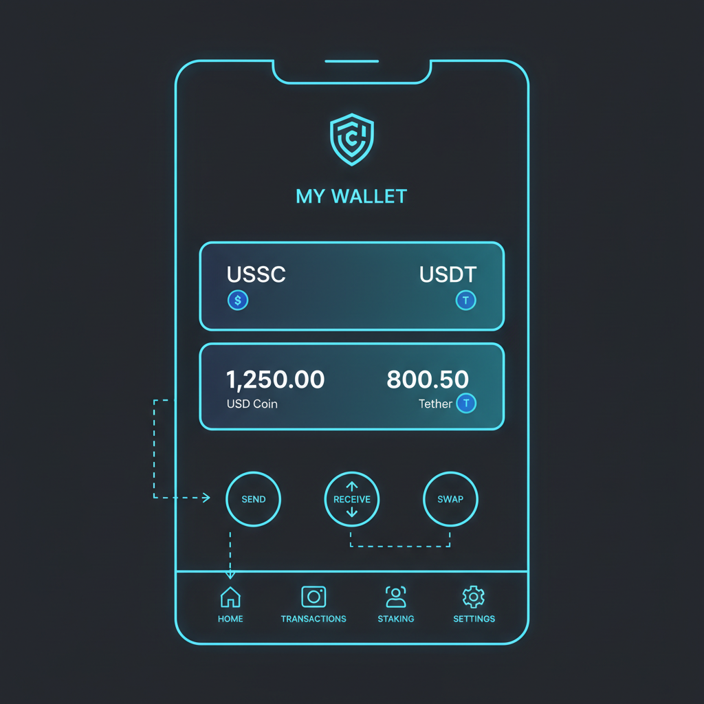 sleek crypto wallet interface displaying USDC and USDT balances, neon blue glow, futuristic UI
