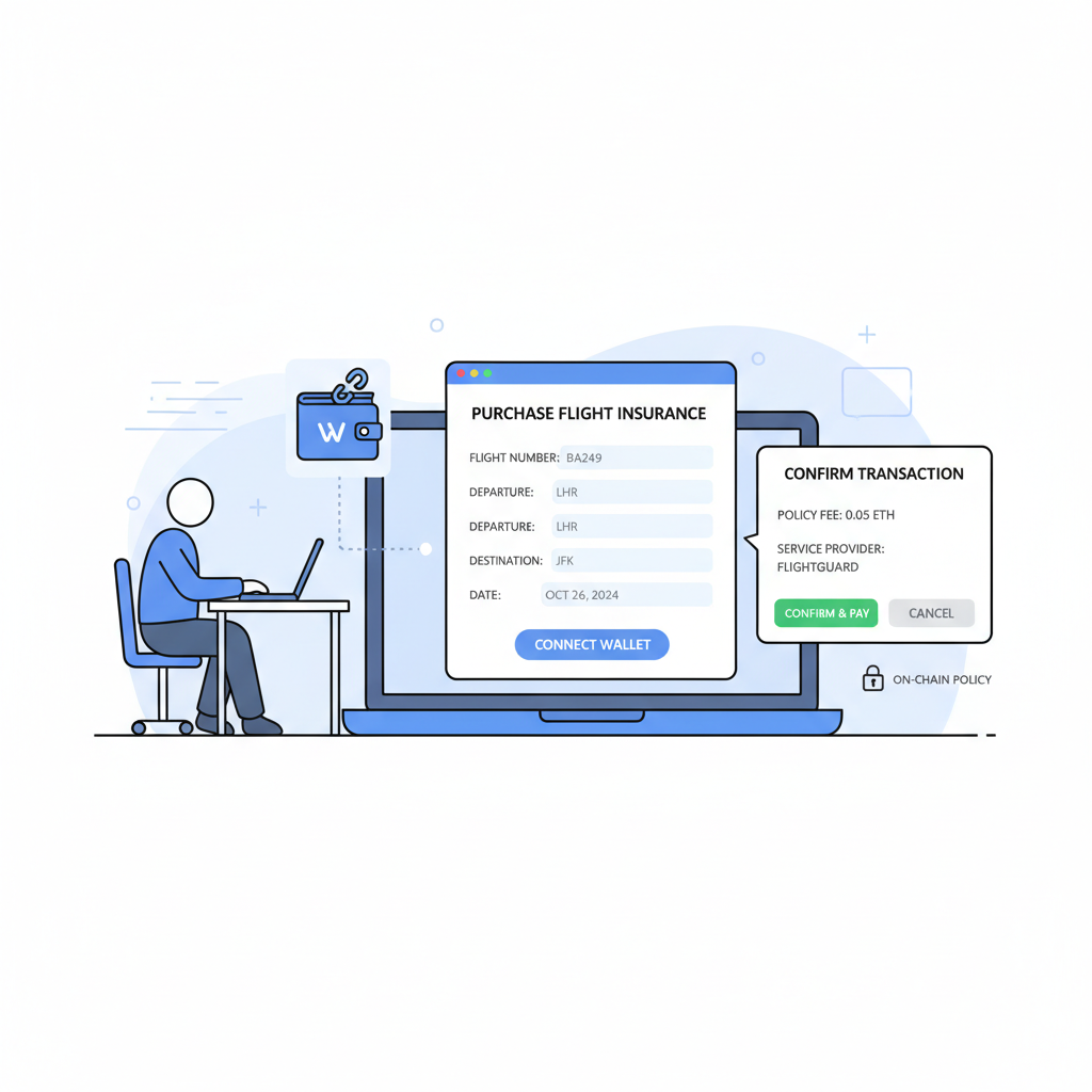 user purchasing on-chain flight insurance policy via wallet connection