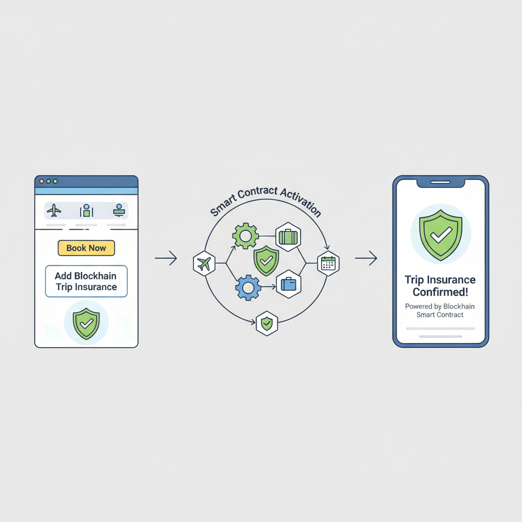 adding blockchain trip insurance to booking, shield icon, smart contract visualization