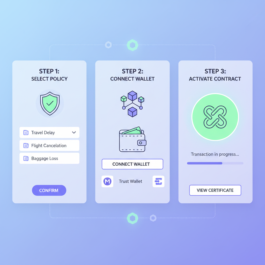 smart contract insurance activation interface with blockchain visuals