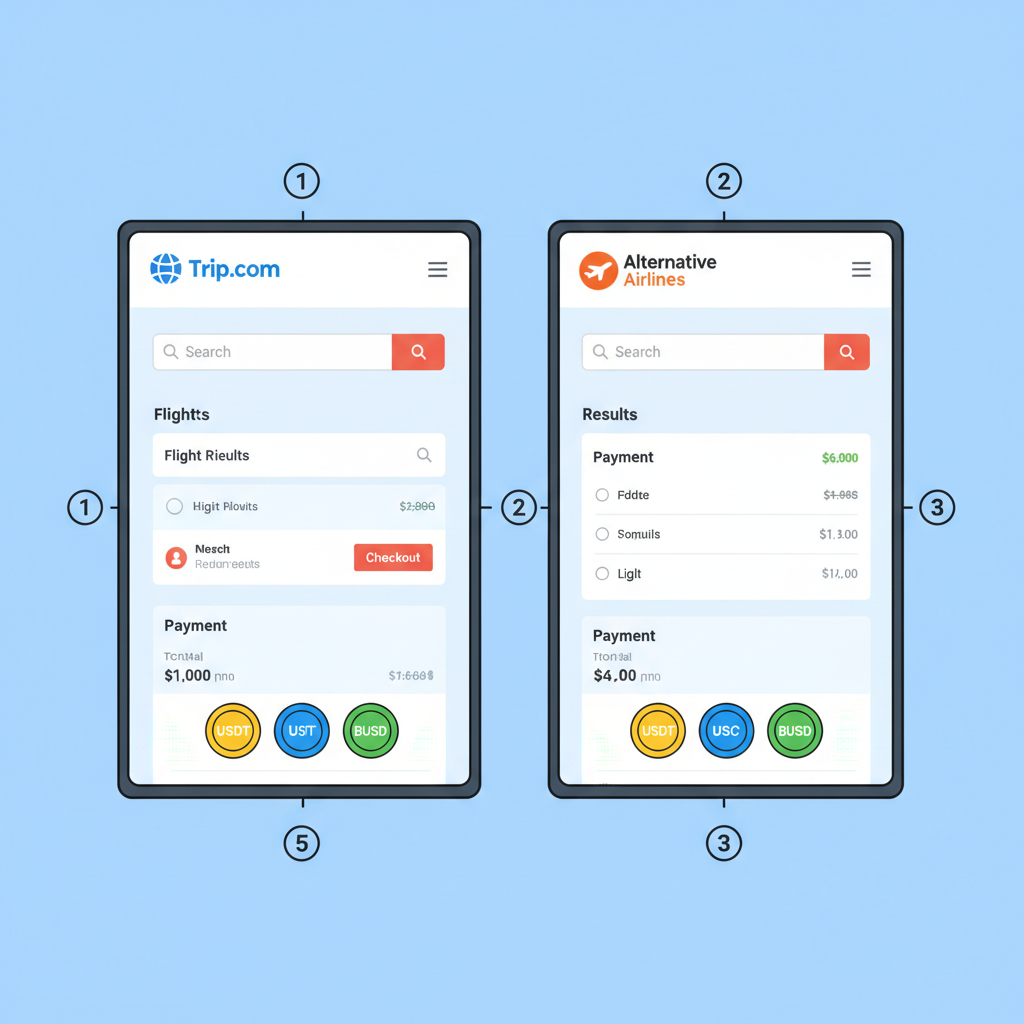 comparison of Trip.com and Alternative Airlines websites with stablecoin payment icons