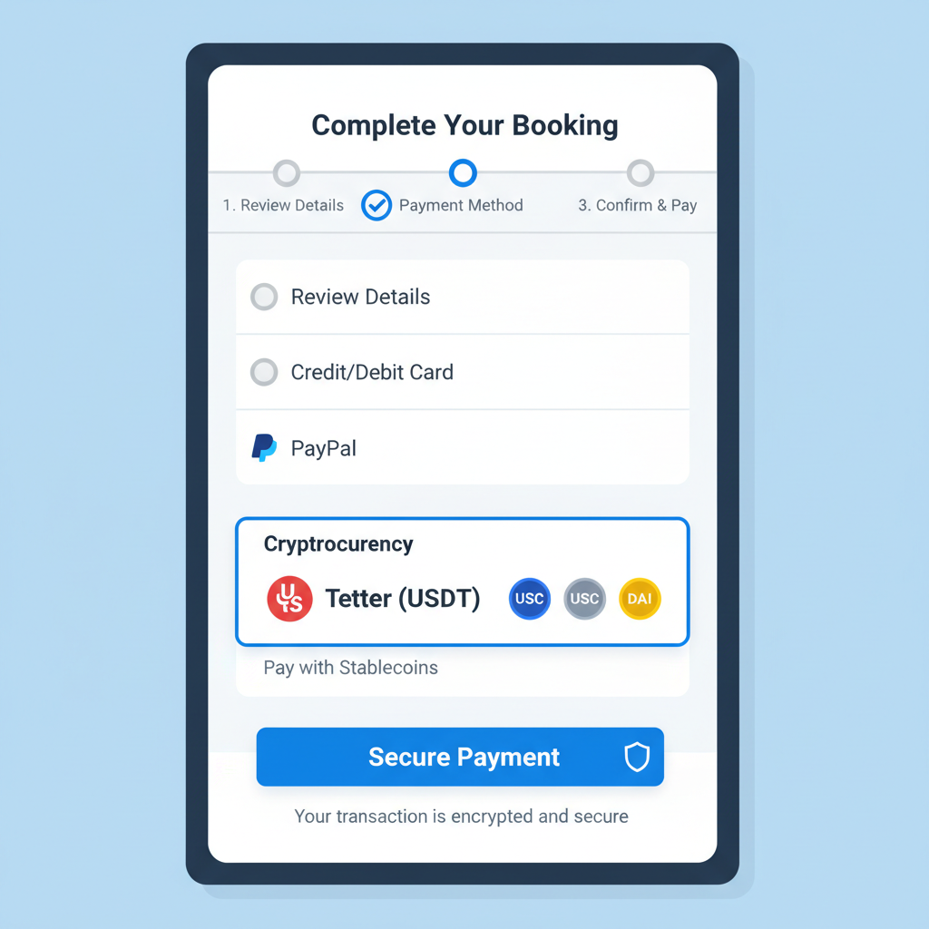 checkout screen on travel app showing USDT payment option, stablecoin icons, secure payment flow