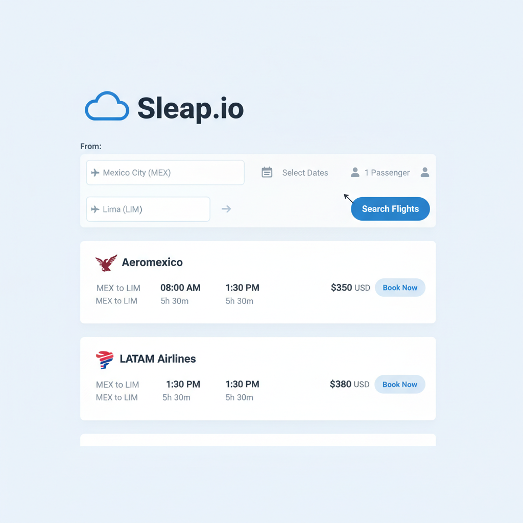 clean screenshot of Sleap.io flight search page with Mexico City to Lima query