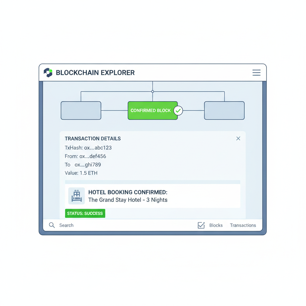 blockchain explorer showing confirmed hotel booking transaction