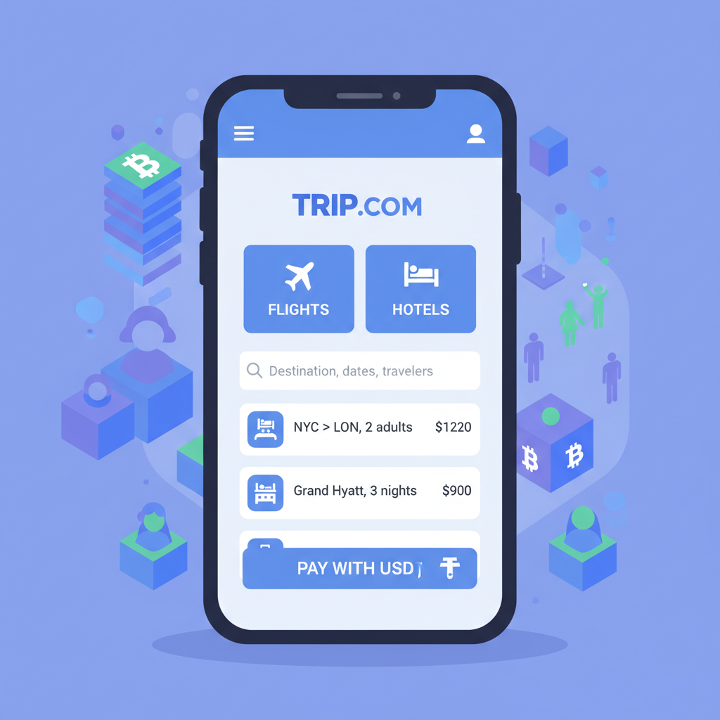 smartphone screen booking flights and hotels on Trip.com with USDT payment, crypto conference backdrop