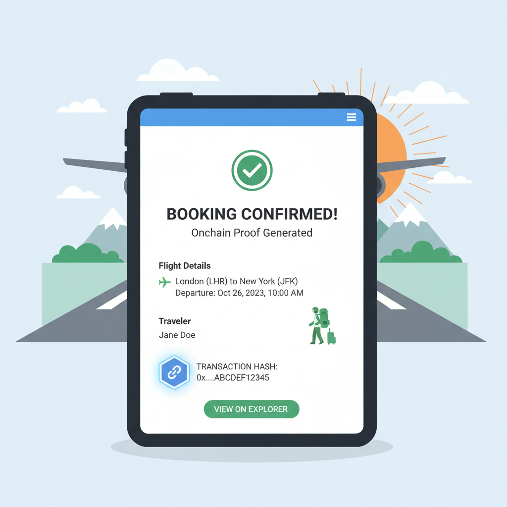 confirmation screen travel booking onchain proof, airplane takeoff nomad backpack