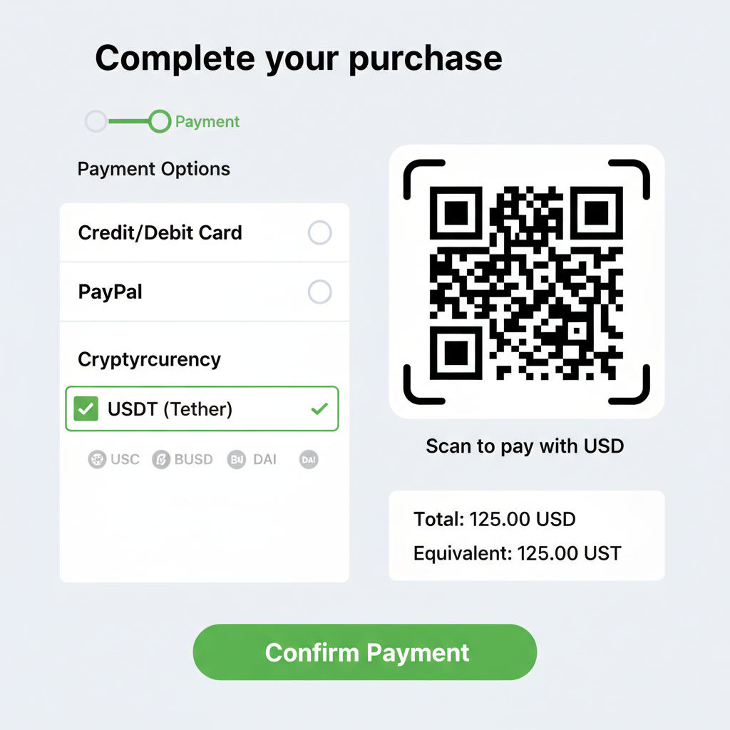 checkout page with USDT option selected, QR code scanner, stablecoin logos, green confirm button
