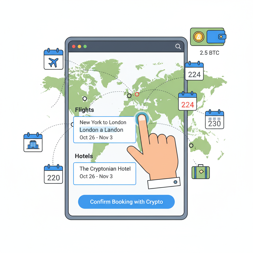 user selecting flight and hotel itinerary on crypto travel app, world map background, calendar icons