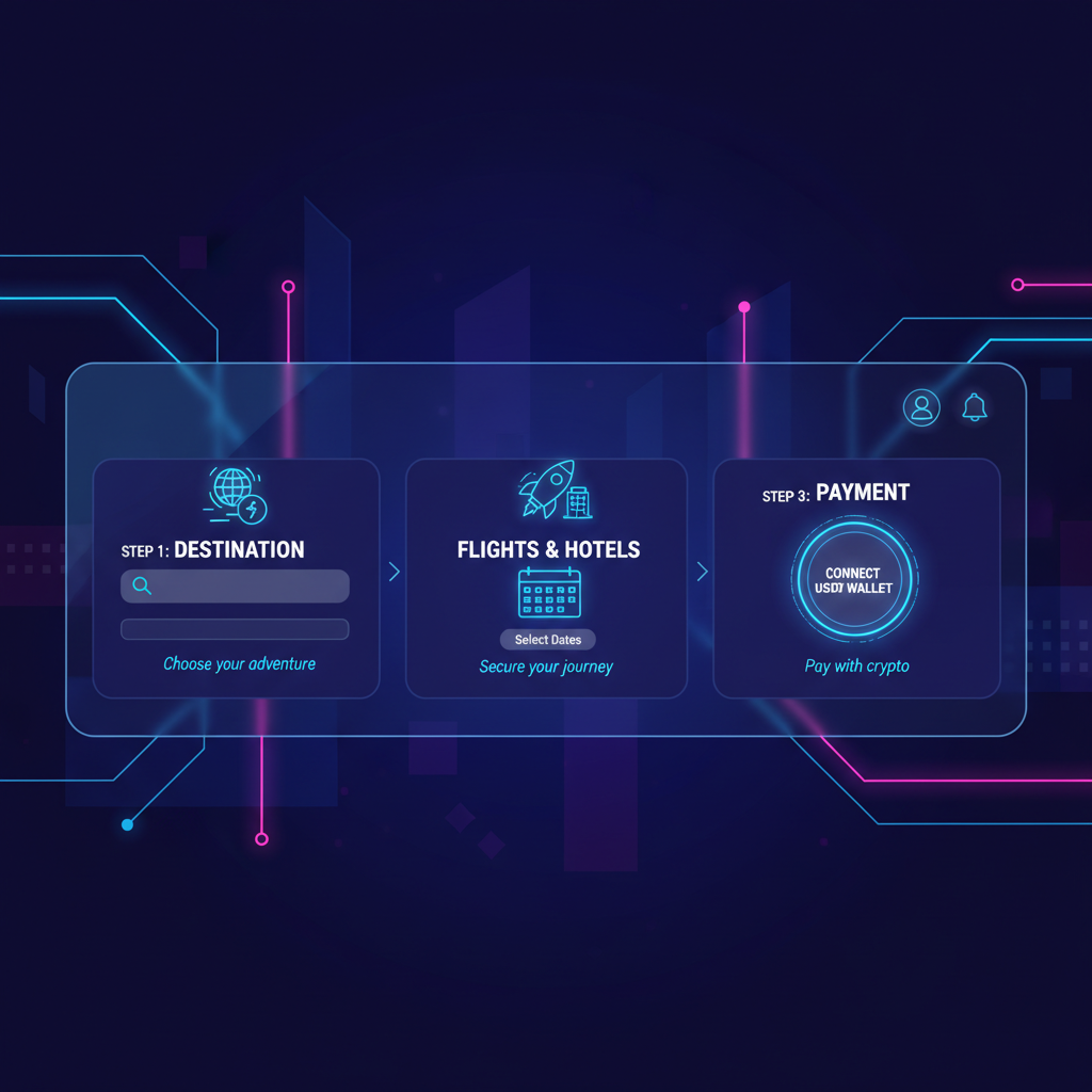 sleek futuristic travel booking website dashboard with USDT wallet connect button, cyberpunk neon blues