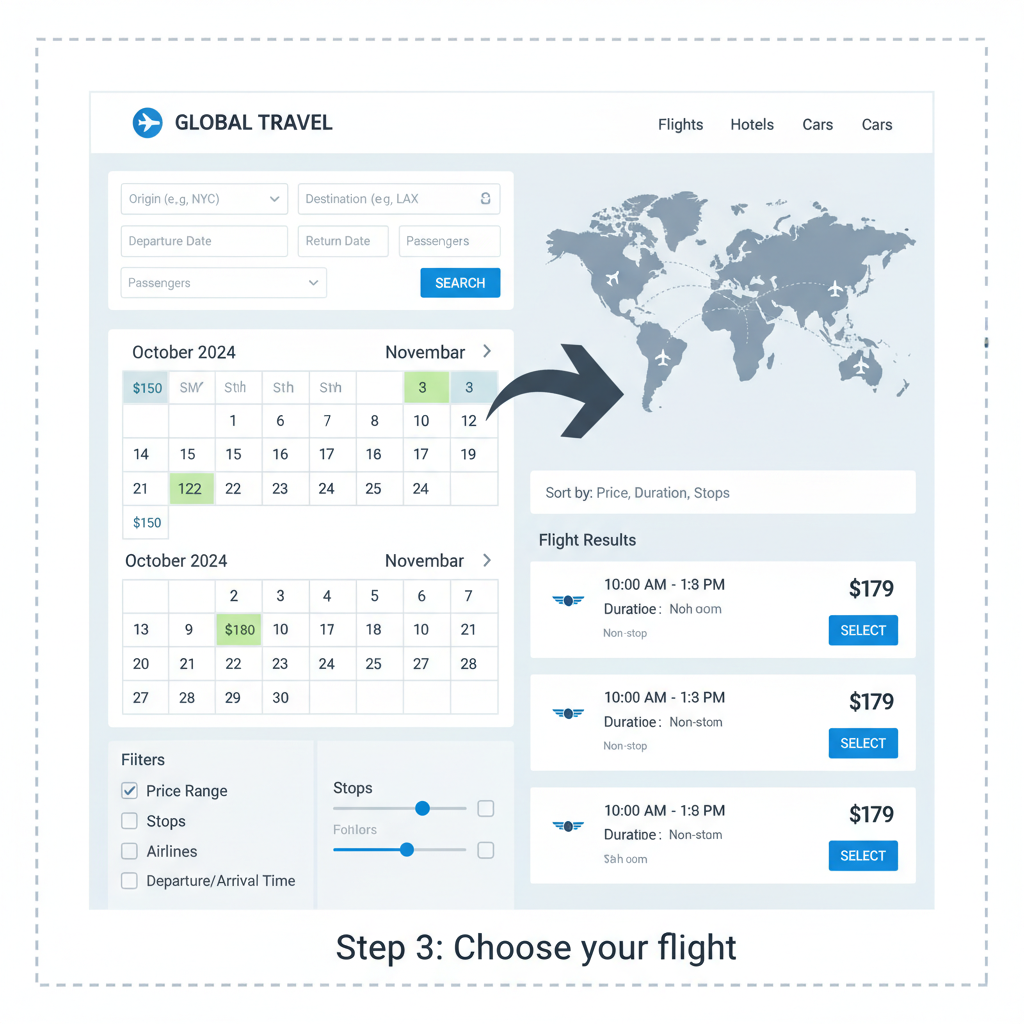 flight search results page on travel booking site with calendar and maps
